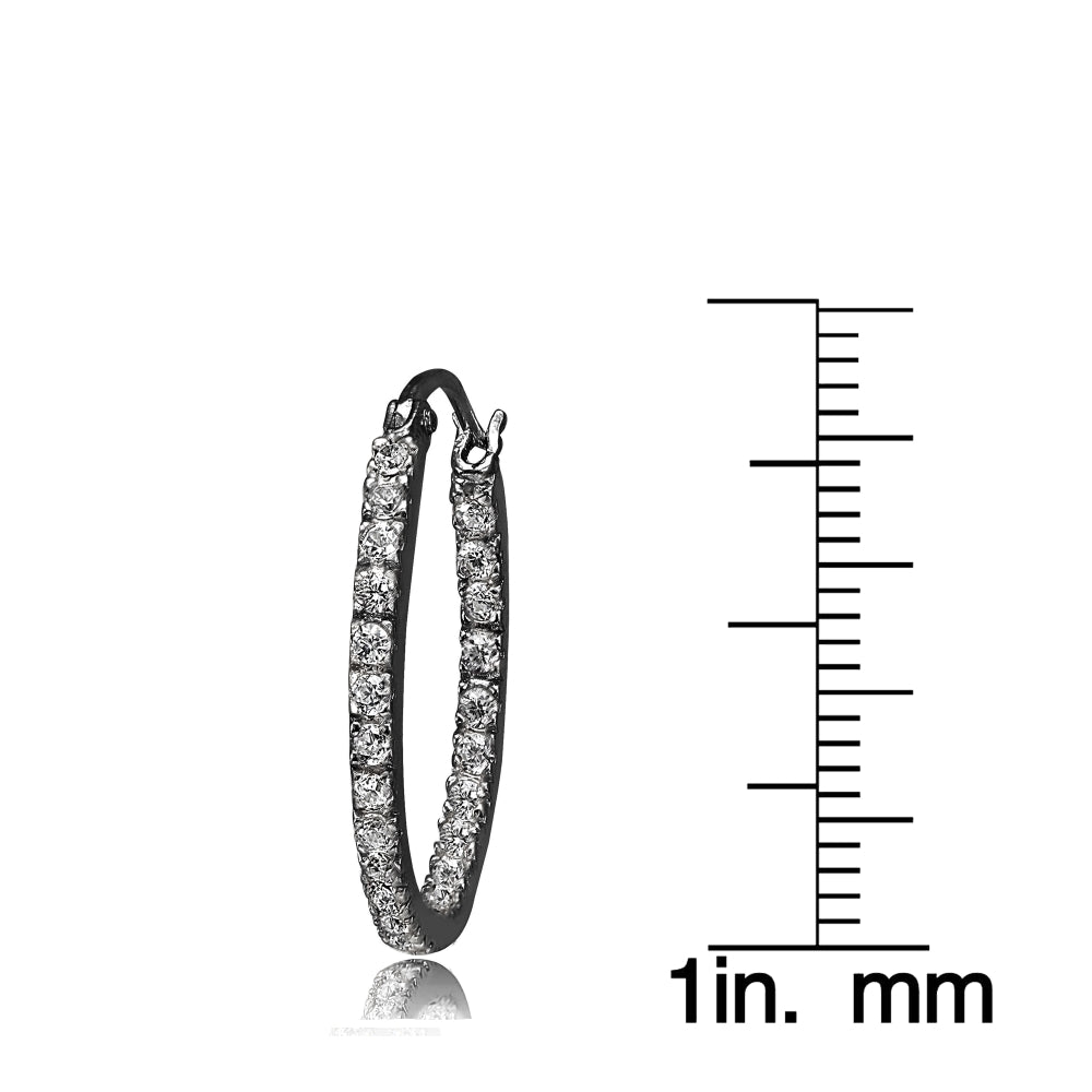 Black Tone over Sterling Silver Cubic Zirconia Inside Out 20mm Oval Hoop Earrings-3