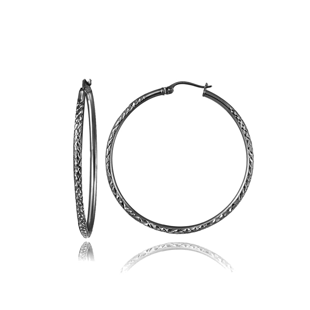 Black Flashed Sterling Silver 2mm Diamond Cut Round Hoop Earrings, 20mm
