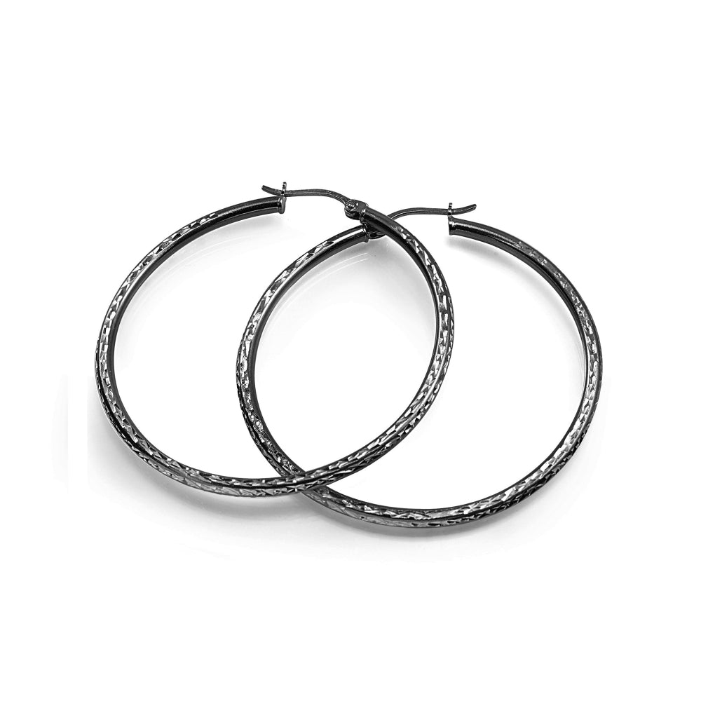 Black Flashed Sterling Silver 2mm Diamond Cut Round Hoop Earrings, 20mm-2