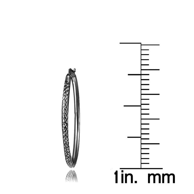 Black Flashed Sterling Silver 2mm Diamond Cut Round Hoop Earrings, 20mm