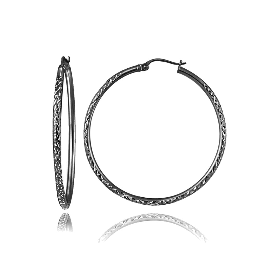 Black Flashed Sterling Silver 2mm Diamond Cut Round Hoop Earrings, 30mm