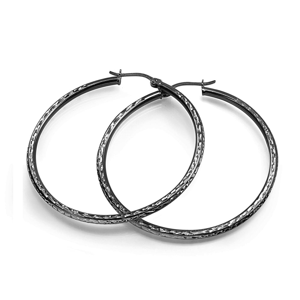 Black Flashed Sterling Silver 2mm Diamond Cut Round Hoop Earrings, 30mm-2