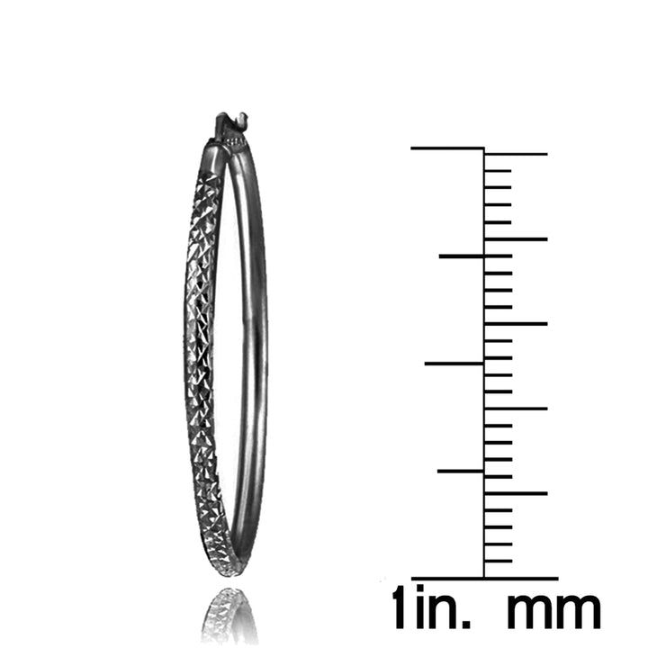 Black Flashed Sterling Silver 2mm Diamond Cut Round Hoop Earrings, 30mm