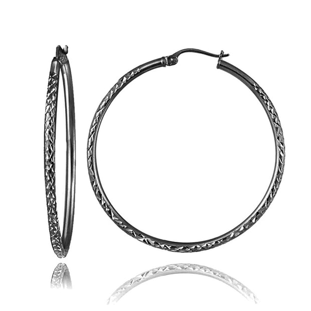 Black Flashed Sterling Silver 2mm Diamond Cut Round Hoop Earrings, 40mm
