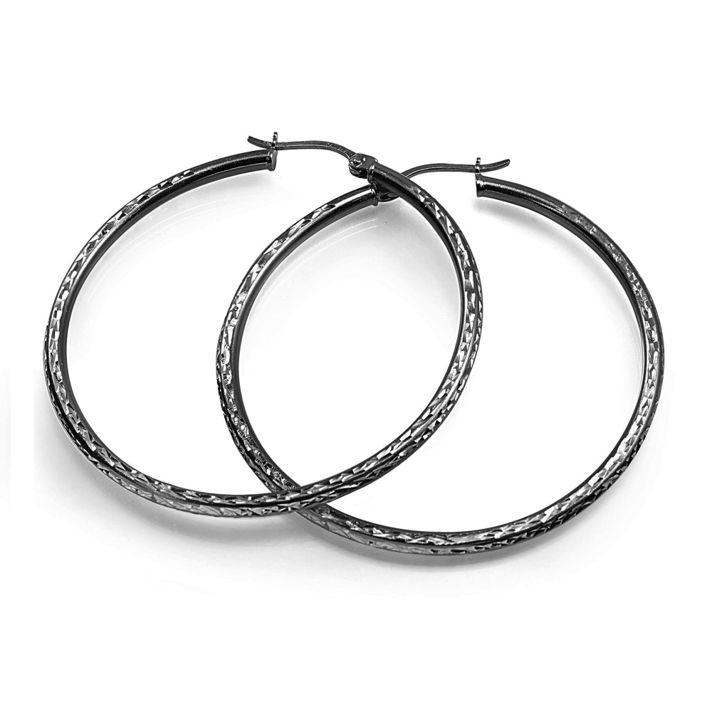 Black Flashed Sterling Silver 2mm Diamond Cut Round Hoop Earrings, 40mm-2
