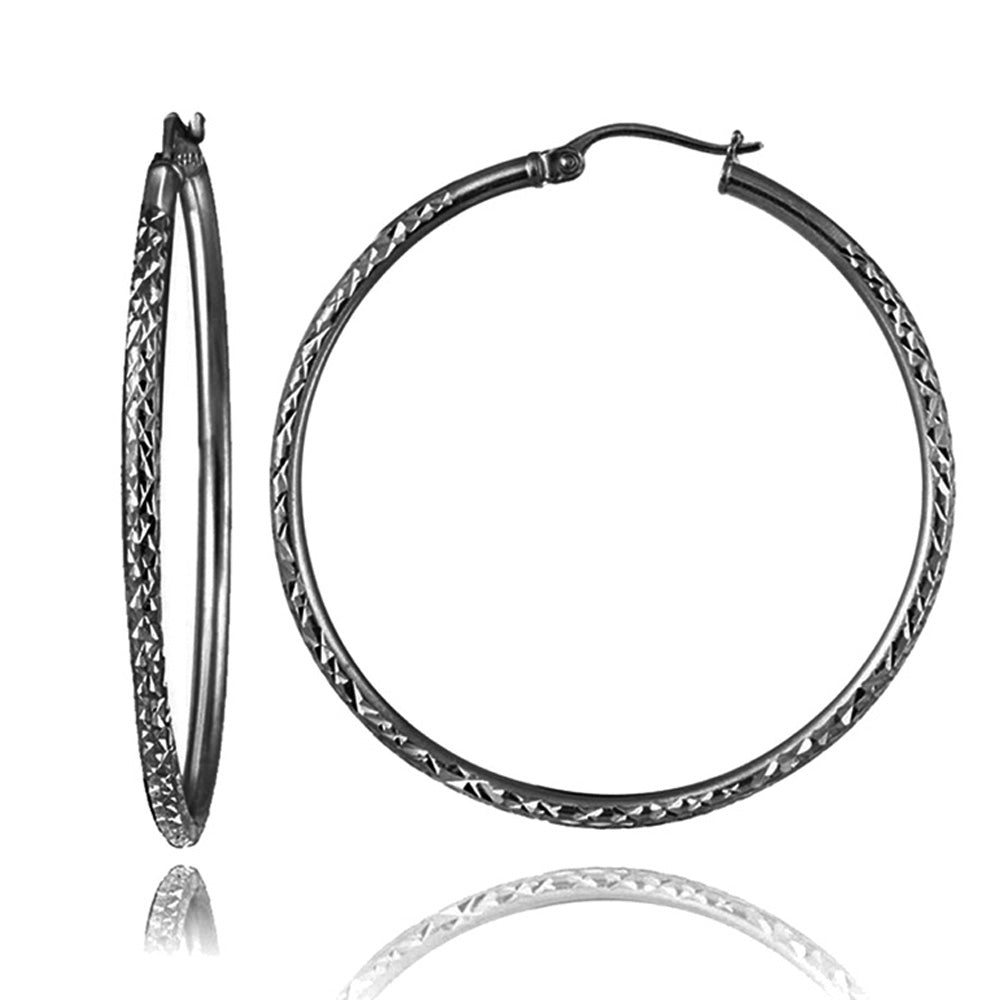 Black Flashed Sterling Silver 2mm Diamond Cut Round Hoop Earrings, 45mm