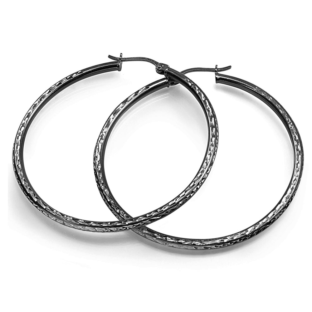 Black Flashed Sterling Silver 2mm Diamond Cut Round Hoop Earrings, 45mm-2