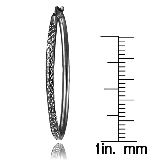 Black Flashed Sterling Silver 2mm Diamond Cut Round Hoop Earrings, 45mm