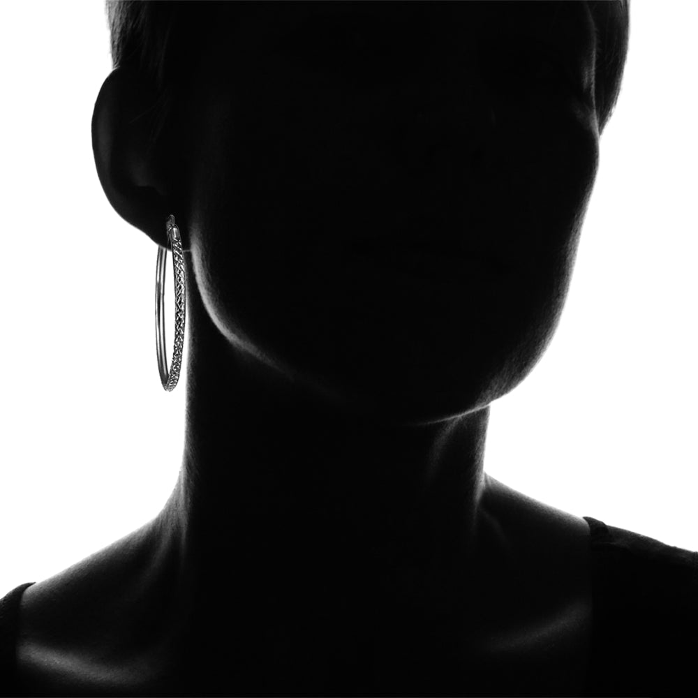 Black Flashed Sterling Silver 2mm Diamond Cut Round Hoop Earrings, 45mm-4
