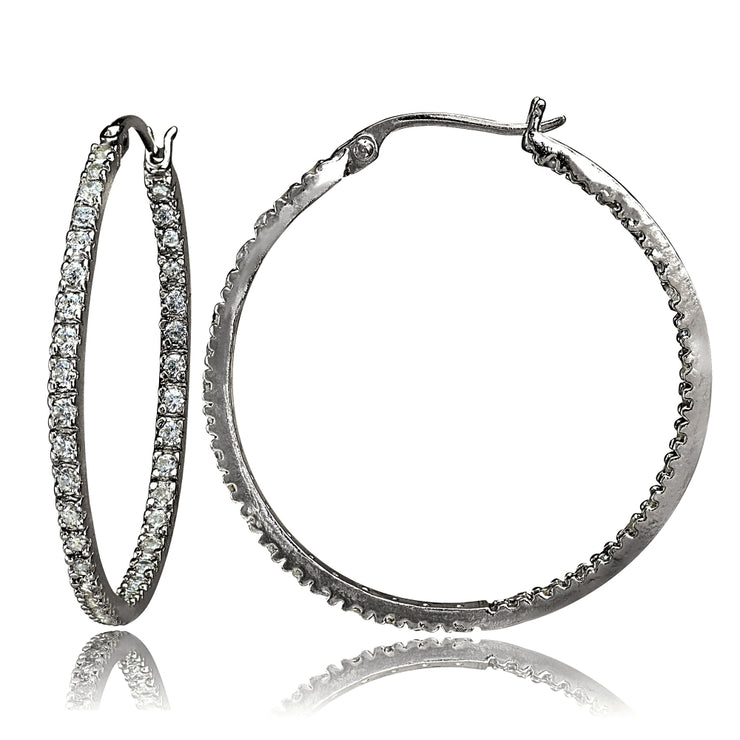 Black Tone over Sterling Silver Cubic Zirconia Inside Out 30mm Round Hoop Earrings