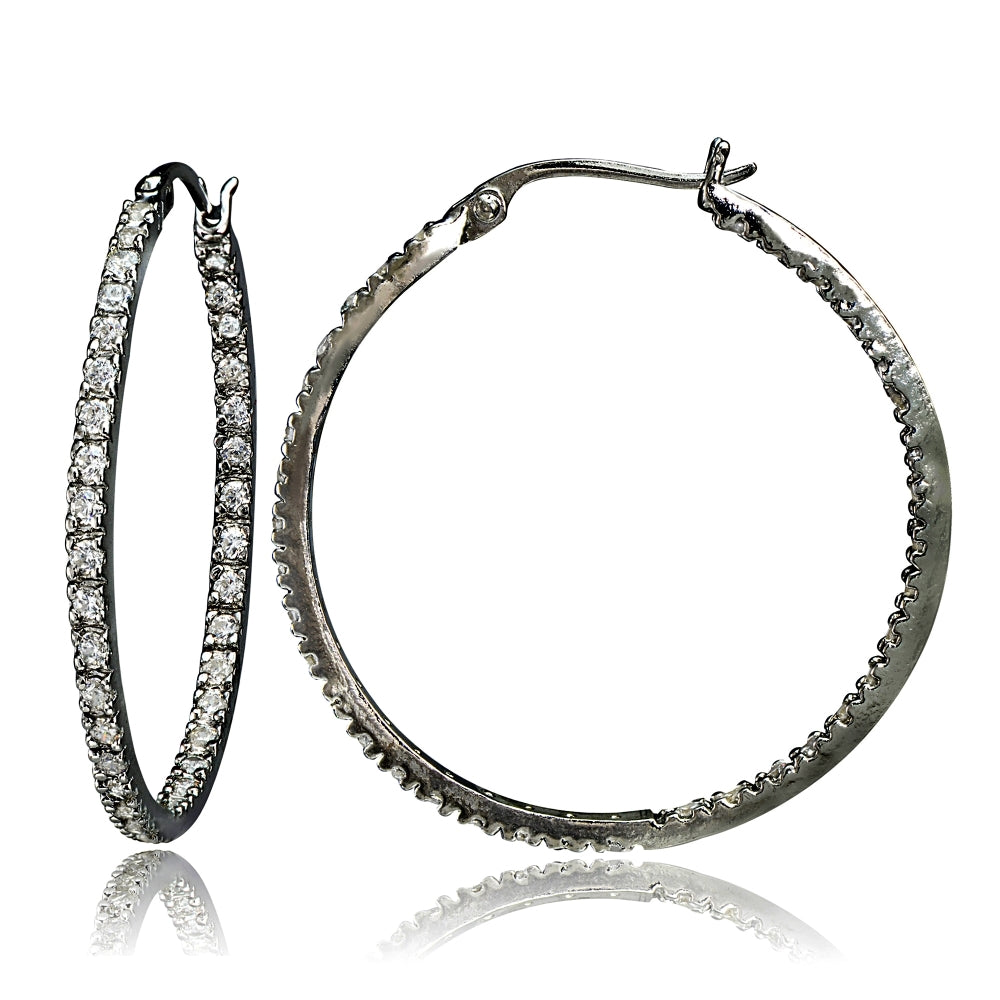 Black Tone over Sterling Silver Cubic Zirconia Inside Out 35mm Round Hoop Earrings
