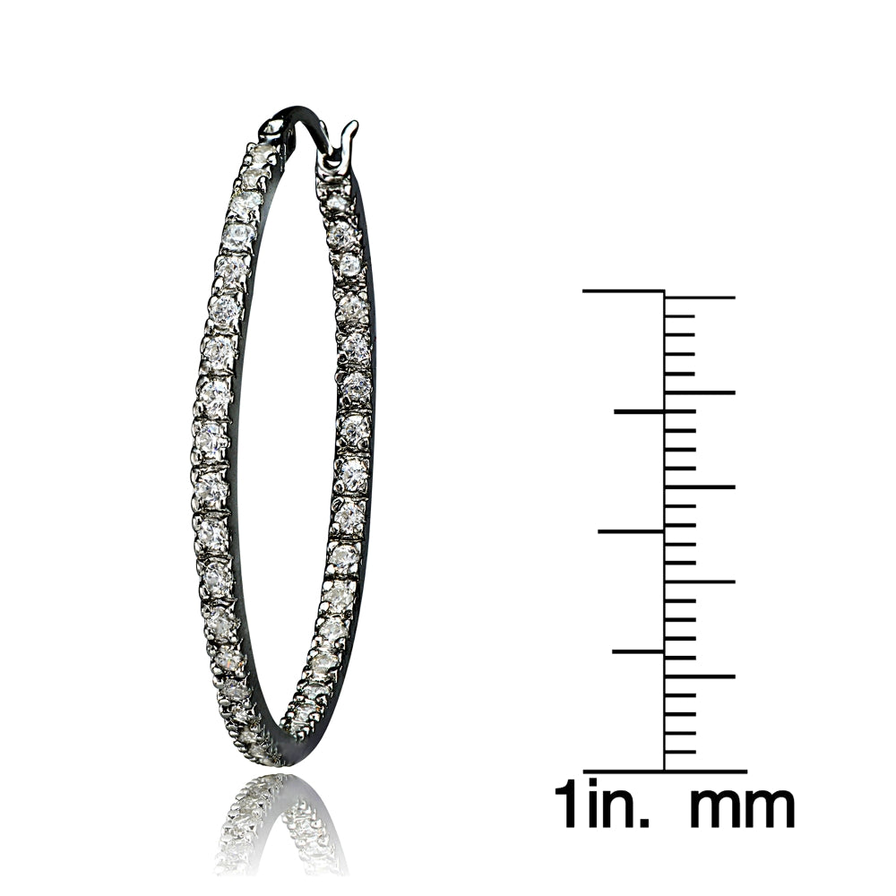 Black Tone over Sterling Silver Cubic Zirconia Inside Out 35mm Round Hoop Earrings-3