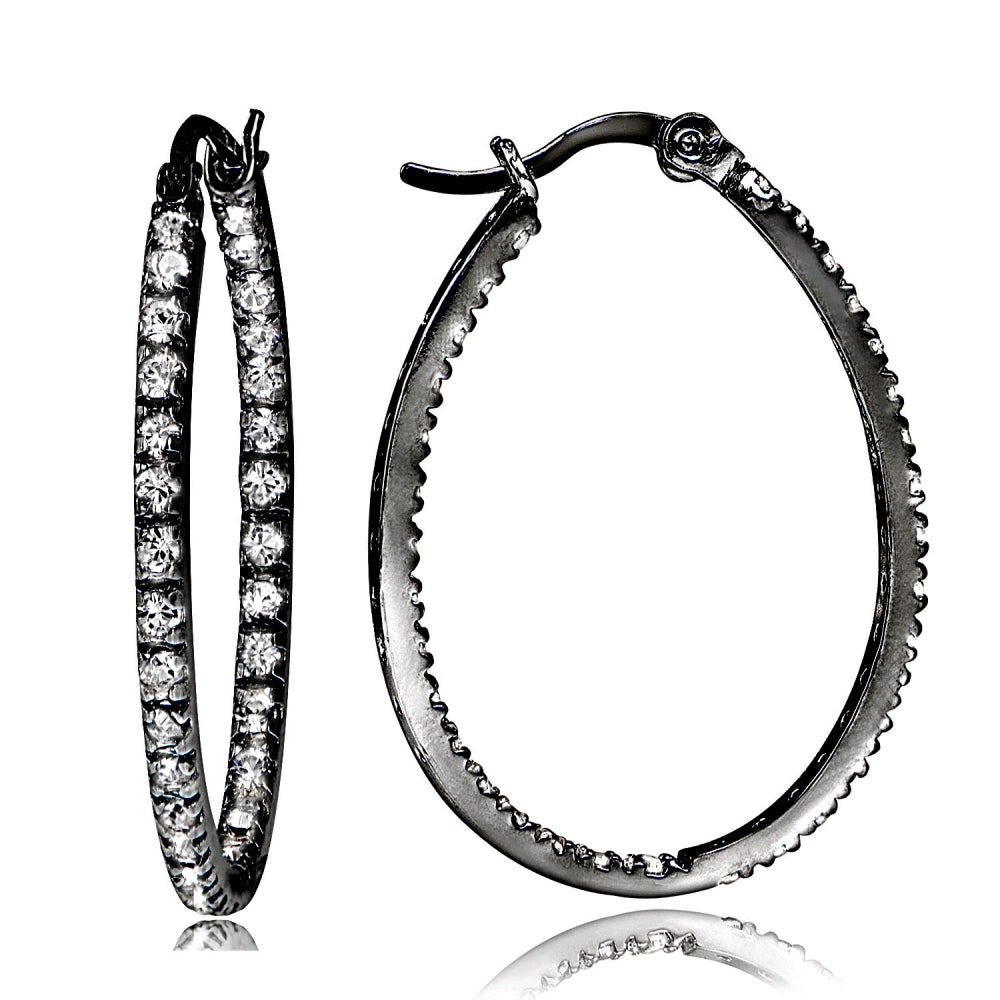 Black Tone over Sterling Silver Cubic Zirconia Inside Out 30mm Oval Hoop Earrings