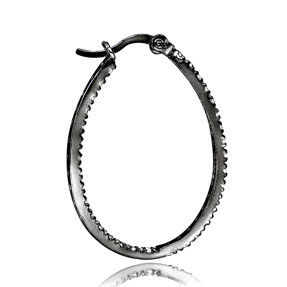 Black Tone over Sterling Silver Cubic Zirconia Inside Out 30mm Oval Hoop Earrings-2