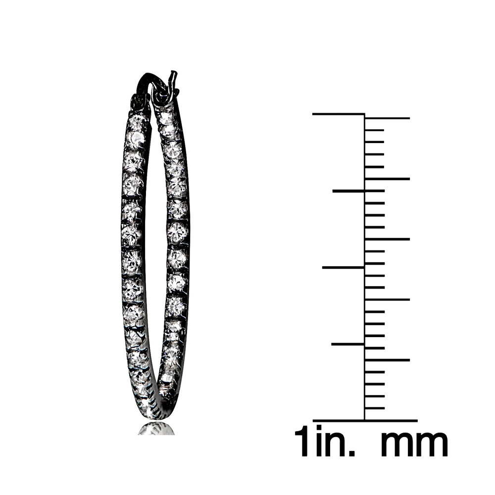 Black Tone over Sterling Silver Cubic Zirconia Inside Out 30mm Oval Hoop Earrings-3