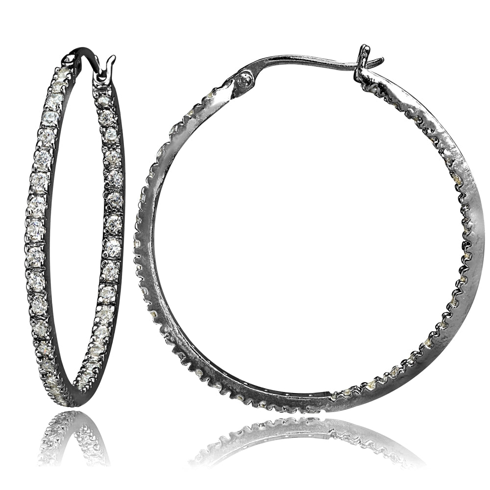 Black Tone over Sterling Silver Cubic Zirconia Inside Out 40mm Round Hoop Earrings