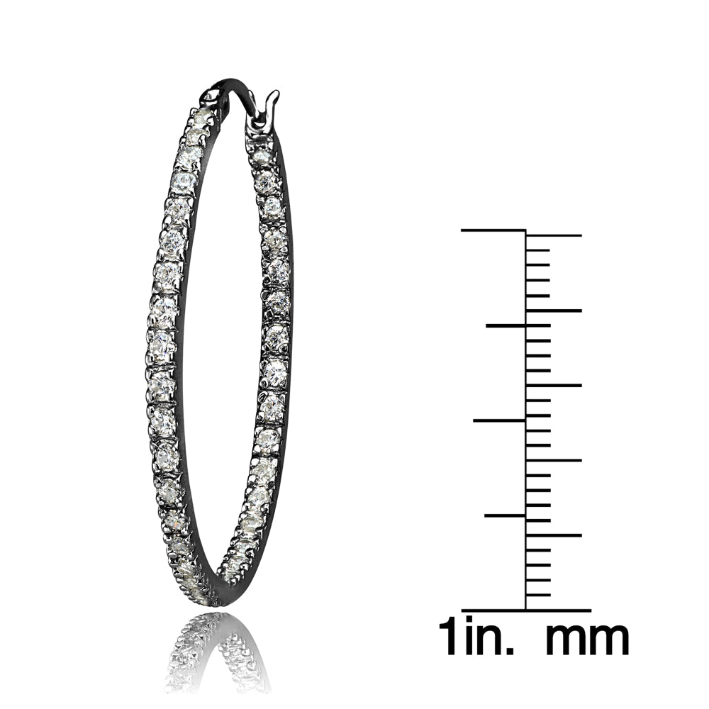 Black Tone over Sterling Silver Cubic Zirconia Inside Out 40mm Round Hoop Earrings-3