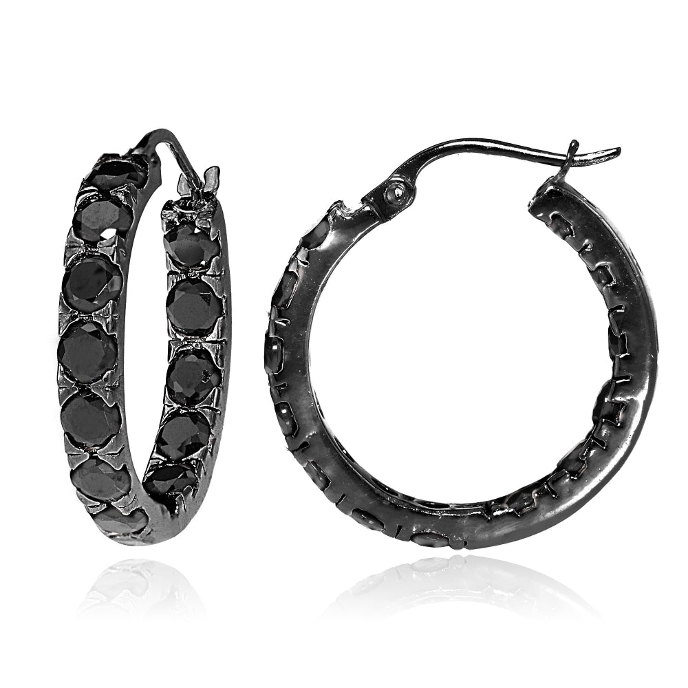 Black Tone over Sterling Silver Black Cubic Zirconia Inside Out 3x25 mm Round Hoop Earrings