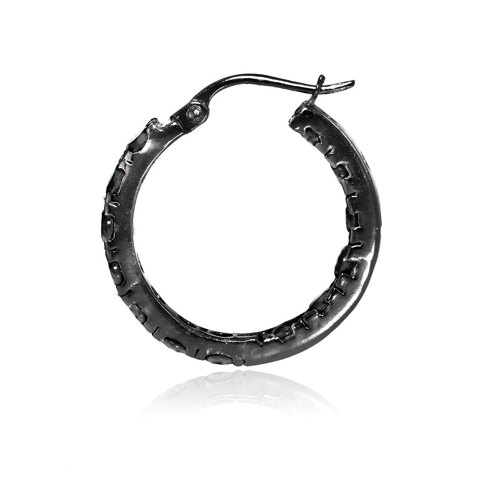 Black Tone over Sterling Silver Black Cubic Zirconia Inside Out 3x25 mm Round Hoop Earrings-2