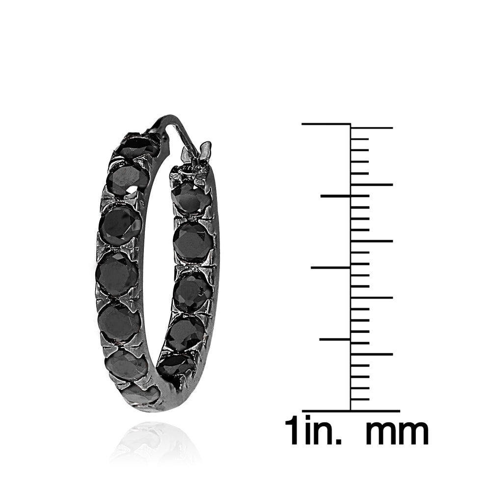 Black Tone over Sterling Silver Black Cubic Zirconia Inside Out 3x25 mm Round Hoop Earrings-3