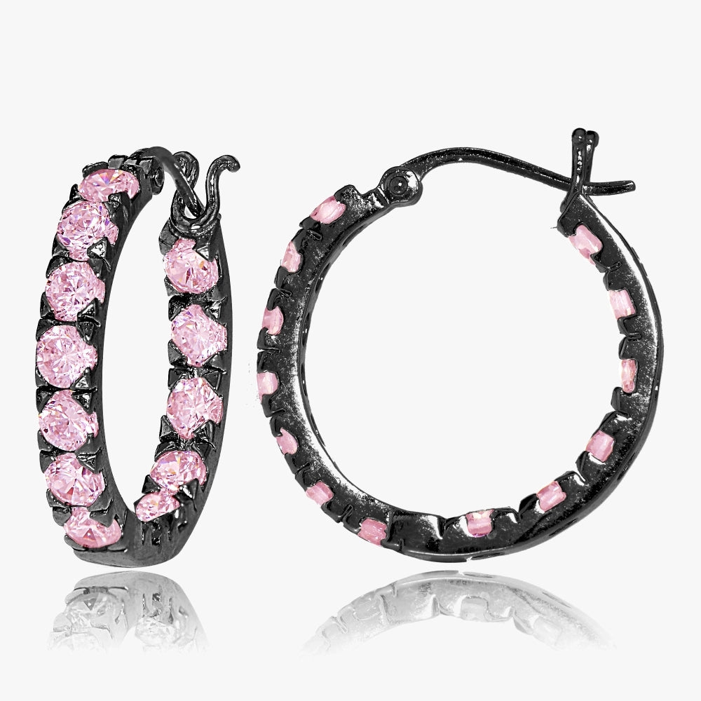 Black Tone over Sterling Silver Light Pink Cubic Zirconia Inside Out 3x25 mm Round Hoop Earrings
