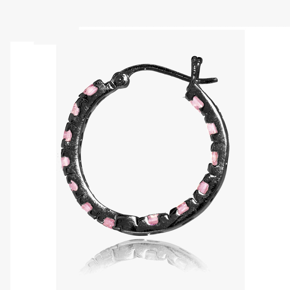 Black Tone over Sterling Silver Light Pink Cubic Zirconia Inside Out 3x25 mm Round Hoop Earrings-2
