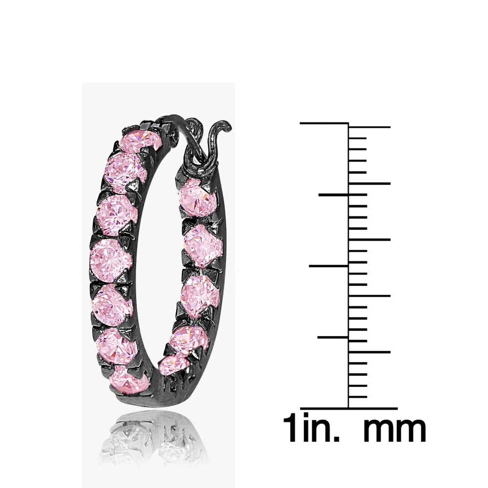 Black Tone over Sterling Silver Light Pink Cubic Zirconia Inside Out 3x25 mm Round Hoop Earrings-3