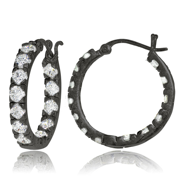 Black Tone over Sterling Silver Cubic Zirconia Inside Out 3x25 mm Round Hoop Earrings