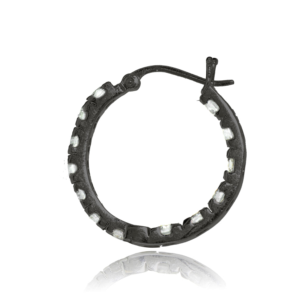 Black Tone over Sterling Silver Cubic Zirconia Inside Out 3x25 mm Round Hoop Earrings-2