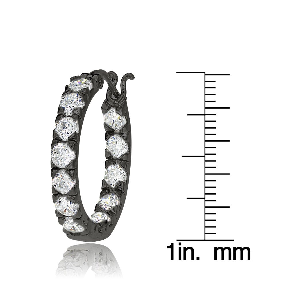 Black Tone over Sterling Silver Cubic Zirconia Inside Out 3x25 mm Round Hoop Earrings-3