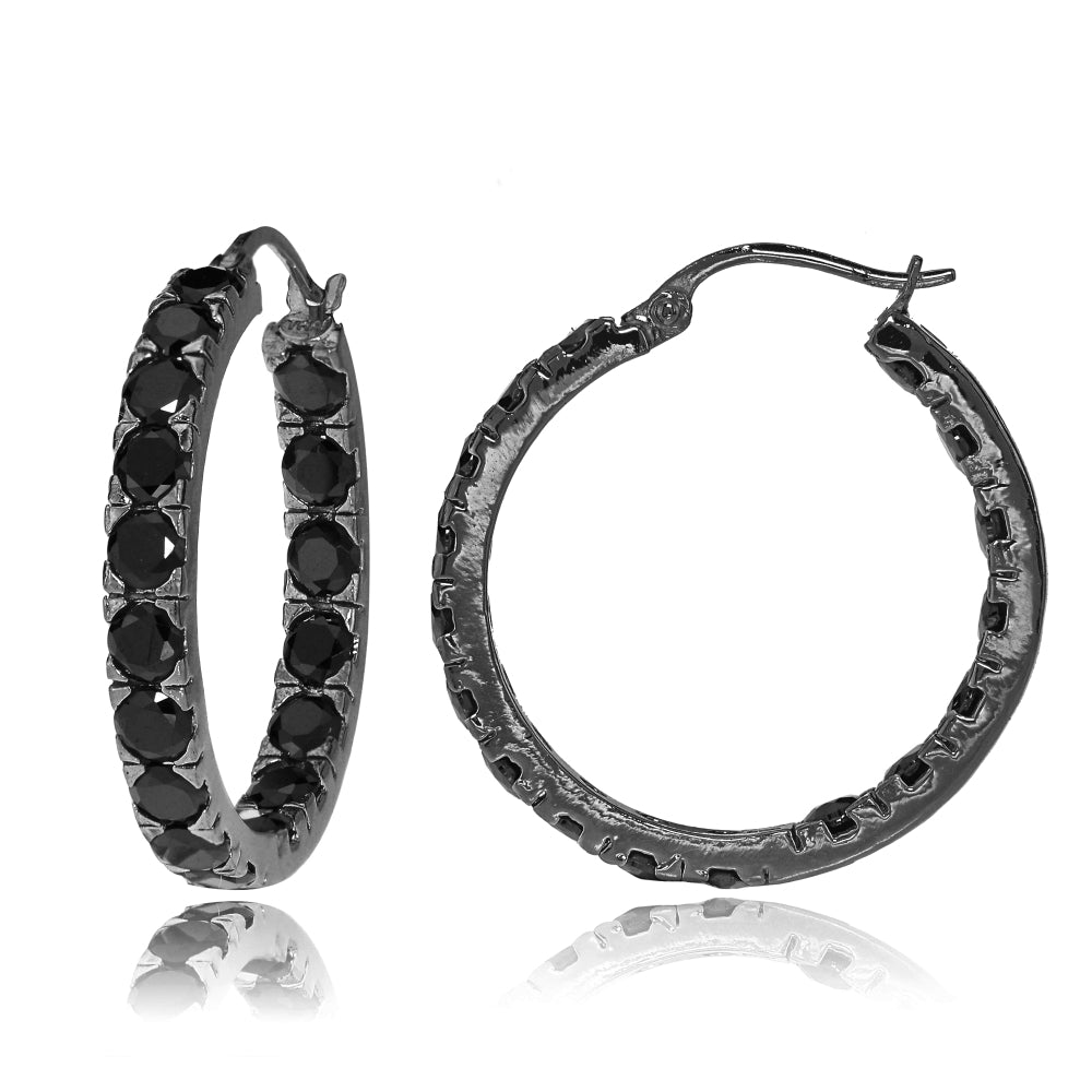 Black Tone over Sterling Silver Black Cubic Zirconia Inside Out 3x20 mm Round Hoop Earrings