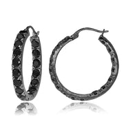 Black Tone over Sterling Silver Black Cubic Zirconia Inside Out 3x20 mm Round Hoop Earrings
