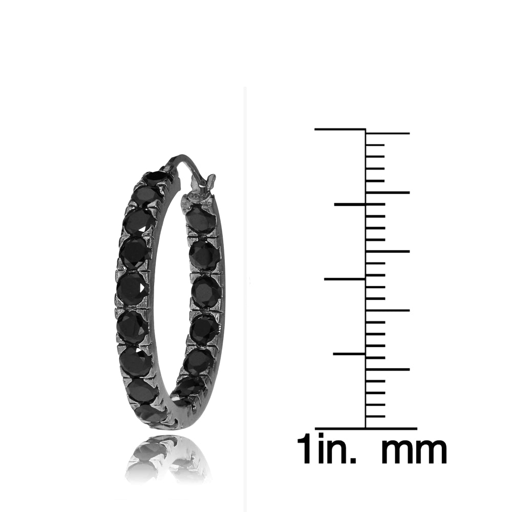 Black Tone over Sterling Silver Black Cubic Zirconia Inside Out 3x20 mm Round Hoop Earrings-3