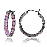 Black Tone over Sterling Silver Light Pink Cubic Zirconia Inside Out 3x20 mm Round Hoop Earrings