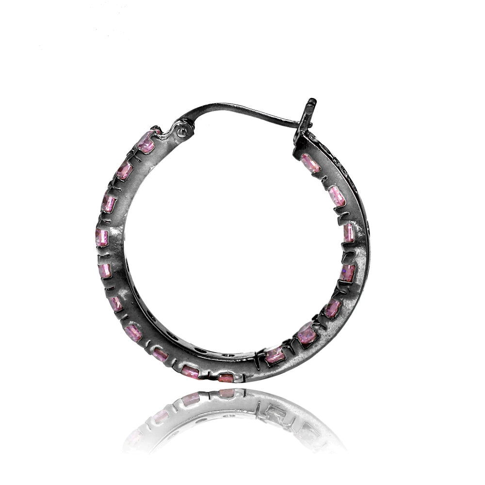 Black Tone over Sterling Silver Light Pink Cubic Zirconia Inside Out 3x20 mm Round Hoop Earrings-2