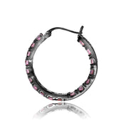 Black Tone over Sterling Silver Light Pink Cubic Zirconia Inside Out 3x20 mm Round Hoop Earrings