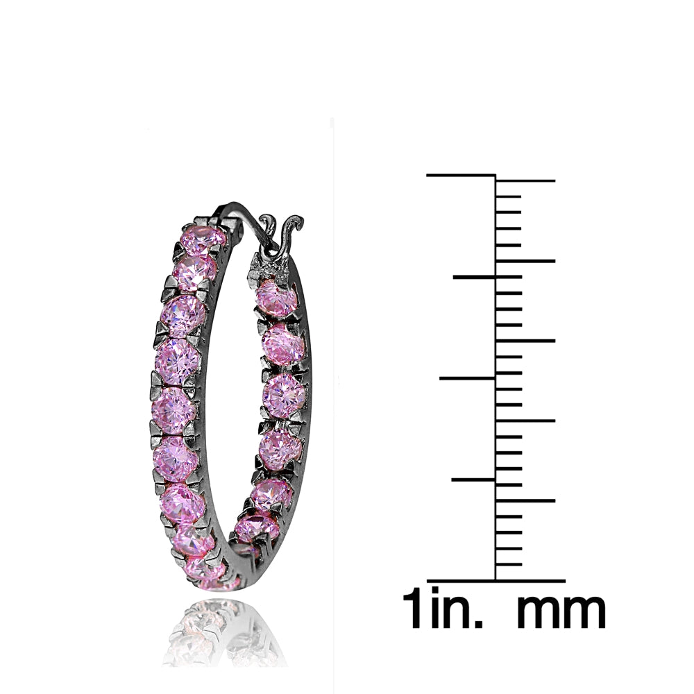 Black Tone over Sterling Silver Light Pink Cubic Zirconia Inside Out 3x20 mm Round Hoop Earrings-3