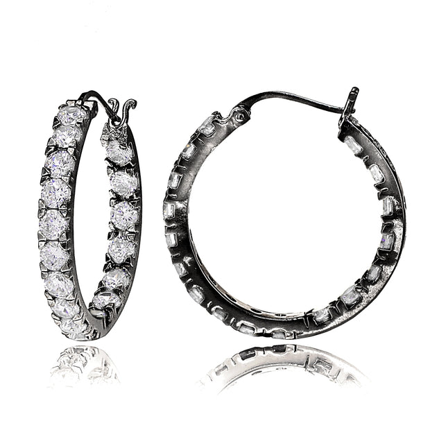 Black Tone over Sterling Silver Cubic Zirconia Inside Out 3x20 mm Round Hoop Earrings