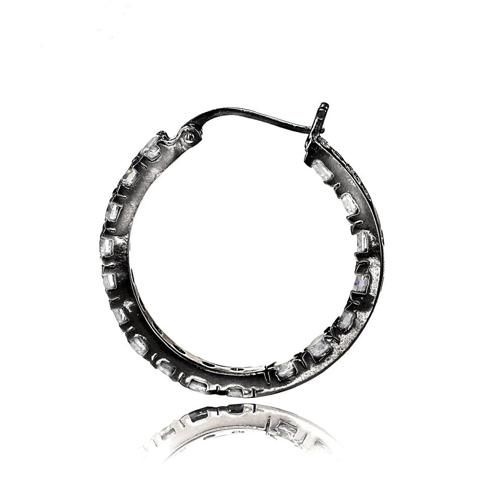 Black Tone over Sterling Silver Cubic Zirconia Inside Out 3x20 mm Round Hoop Earrings-2
