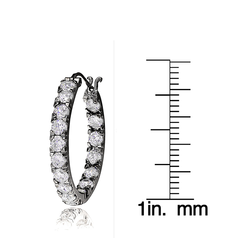 Black Tone over Sterling Silver Cubic Zirconia Inside Out 3x20 mm Round Hoop Earrings-3