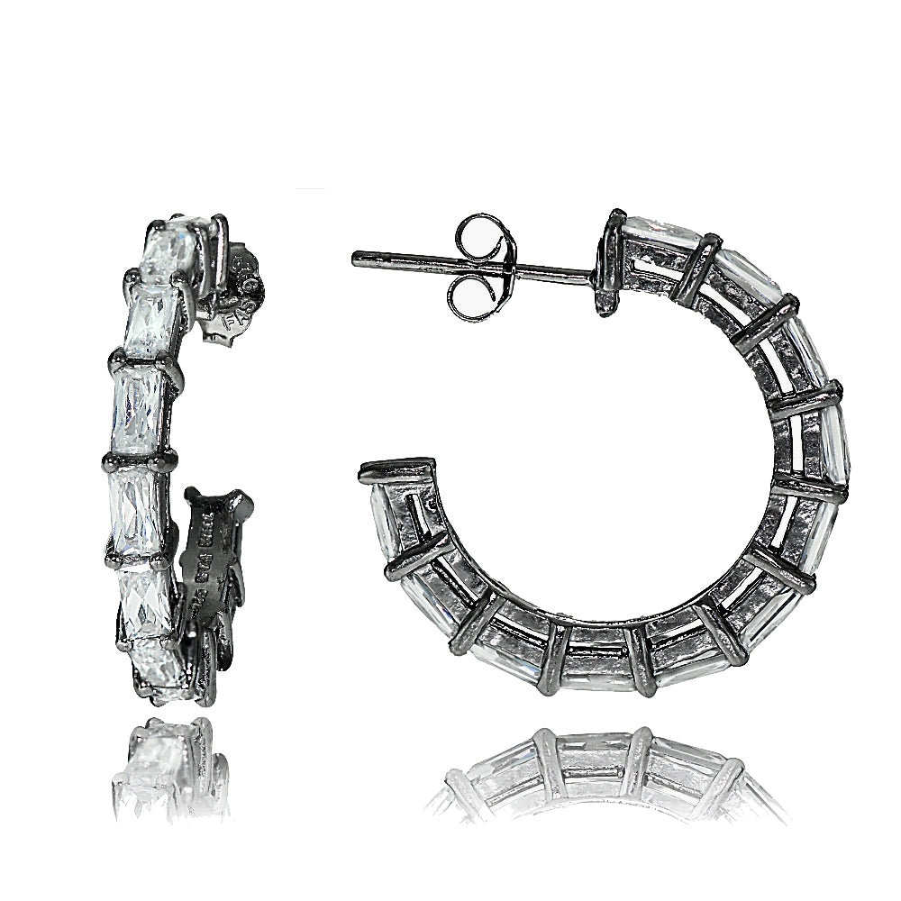 Black Tone over Sterling Silver Cubic Zirconia Baguette Cut Half Hoop Earrings