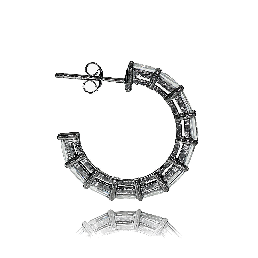 Black Tone over Sterling Silver Cubic Zirconia Baguette Cut Half Hoop Earrings-2