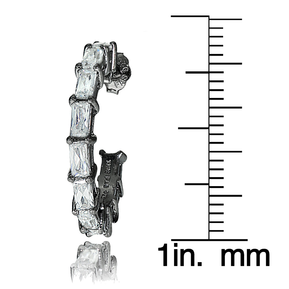 Black Tone over Sterling Silver Cubic Zirconia Baguette Cut Half Hoop Earrings-3