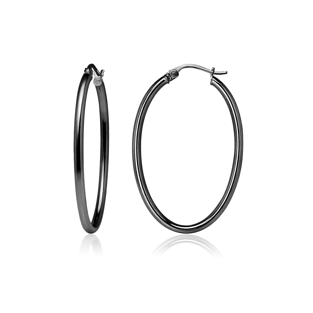 Black Flashed Sterling Silver 2x35mm High Polished Oval Hoop Earrings-2