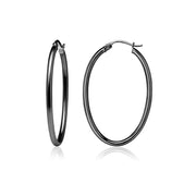 Black Flashed Sterling Silver 2x35mm High Polished Oval Hoop Earrings