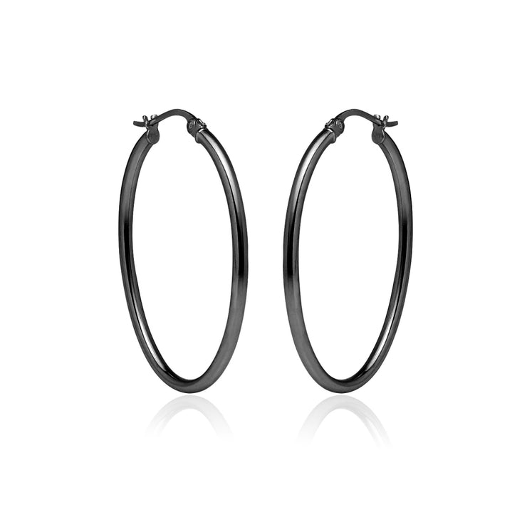 Black Flashed Sterling Silver 2x35mm High Polished Oval Hoop Earrings