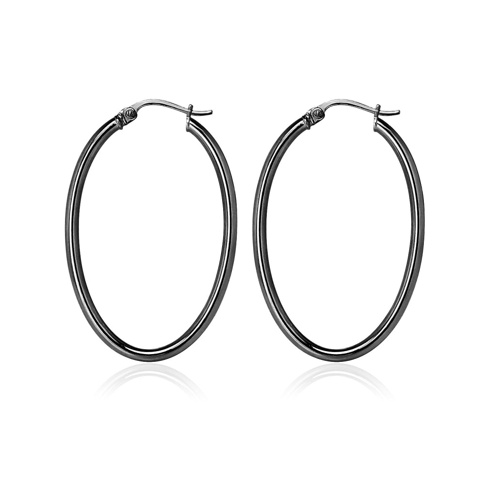 Black Flashed Sterling Silver 2x35mm High Polished Oval Hoop Earrings-5