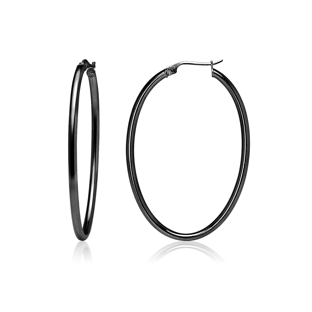 Black Flashed Sterling Silver 2x40mm High Polished Oval Hoop Earrings-2