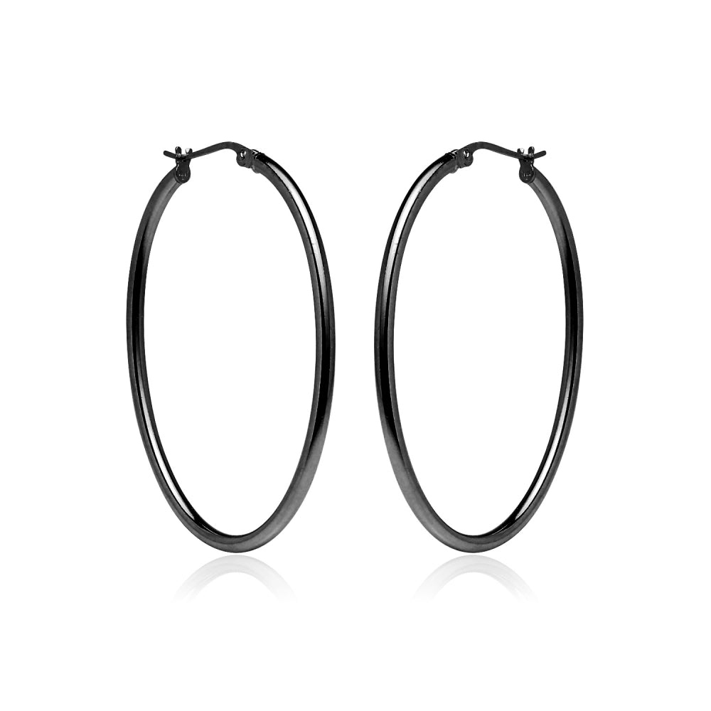 Black Flashed Sterling Silver 2x40mm High Polished Oval Hoop Earrings-3