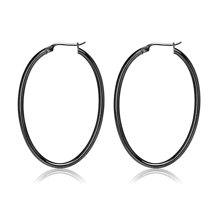 Black Flashed Sterling Silver 2x40mm High Polished Oval Hoop Earrings